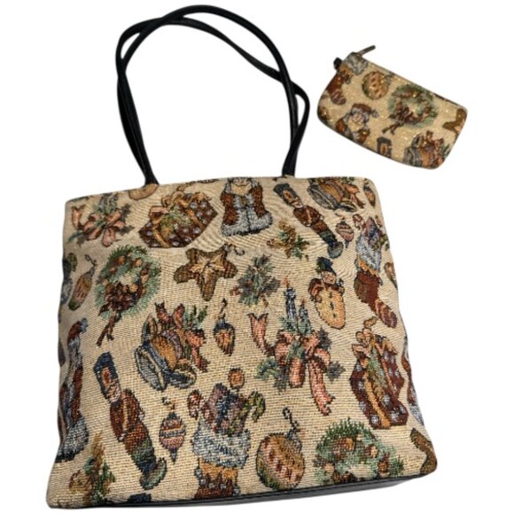 Bueno Tapestry Double Strap Shoulder Bag, Matching Coin Purse, Christmas Motif - Picture 1 of 10